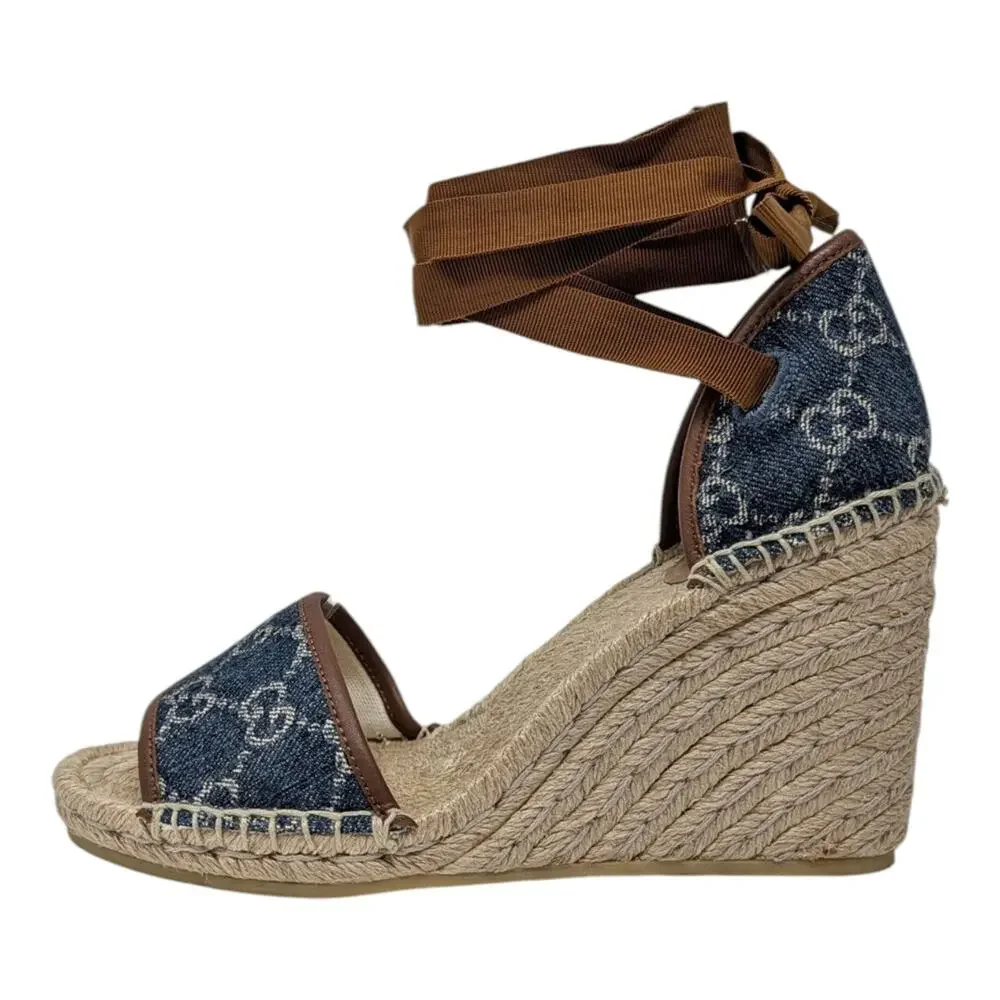Gucci Pilar GG Monogram Denim D'Orsay Espadrille Wedge Heel Sandal Blue Tan 37